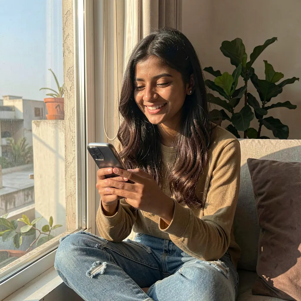 Bangladeshi woman relaxing by a window while using the 0KGO casino app on her smartphone with sunlight highlighting her face