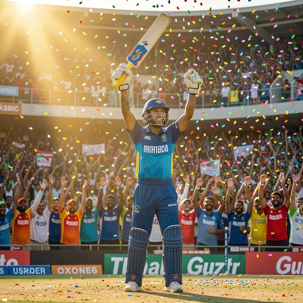 Excited cricket player celebrating a winning moment on the field with raised arms and cheering fans reflecting the thrill of betting on 0KGO in Bangladesh