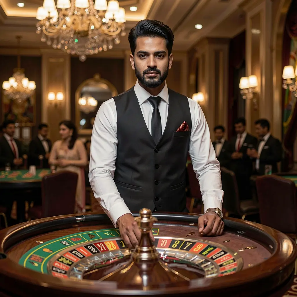 Professional casino dealer standing confidently at a modern roulette table with vibrant lighting representing trusted live casino gameplay at 0KGO in Bangladesh