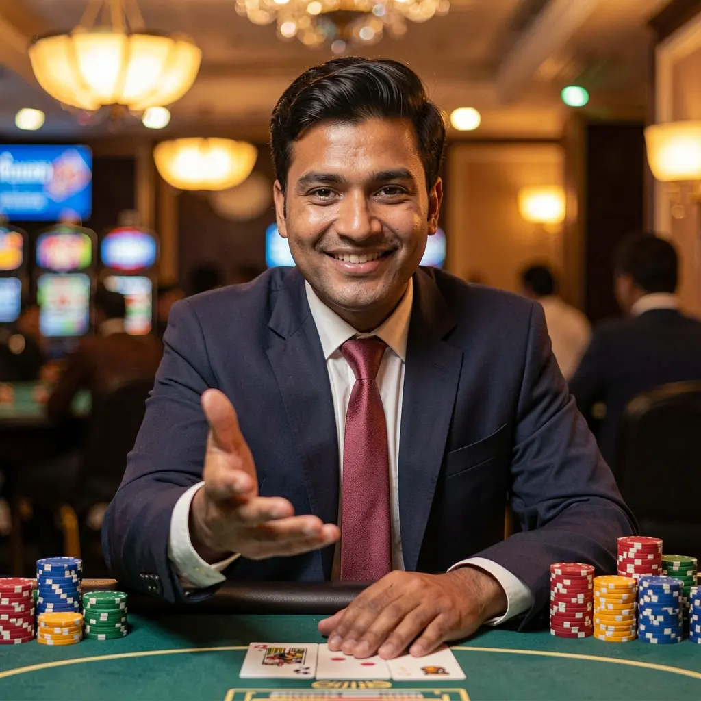 Friendly Bangladeshi casino dealer reaching out with a welcoming smile surrounded by glowing chips representing the trusted 0KGO casino platform