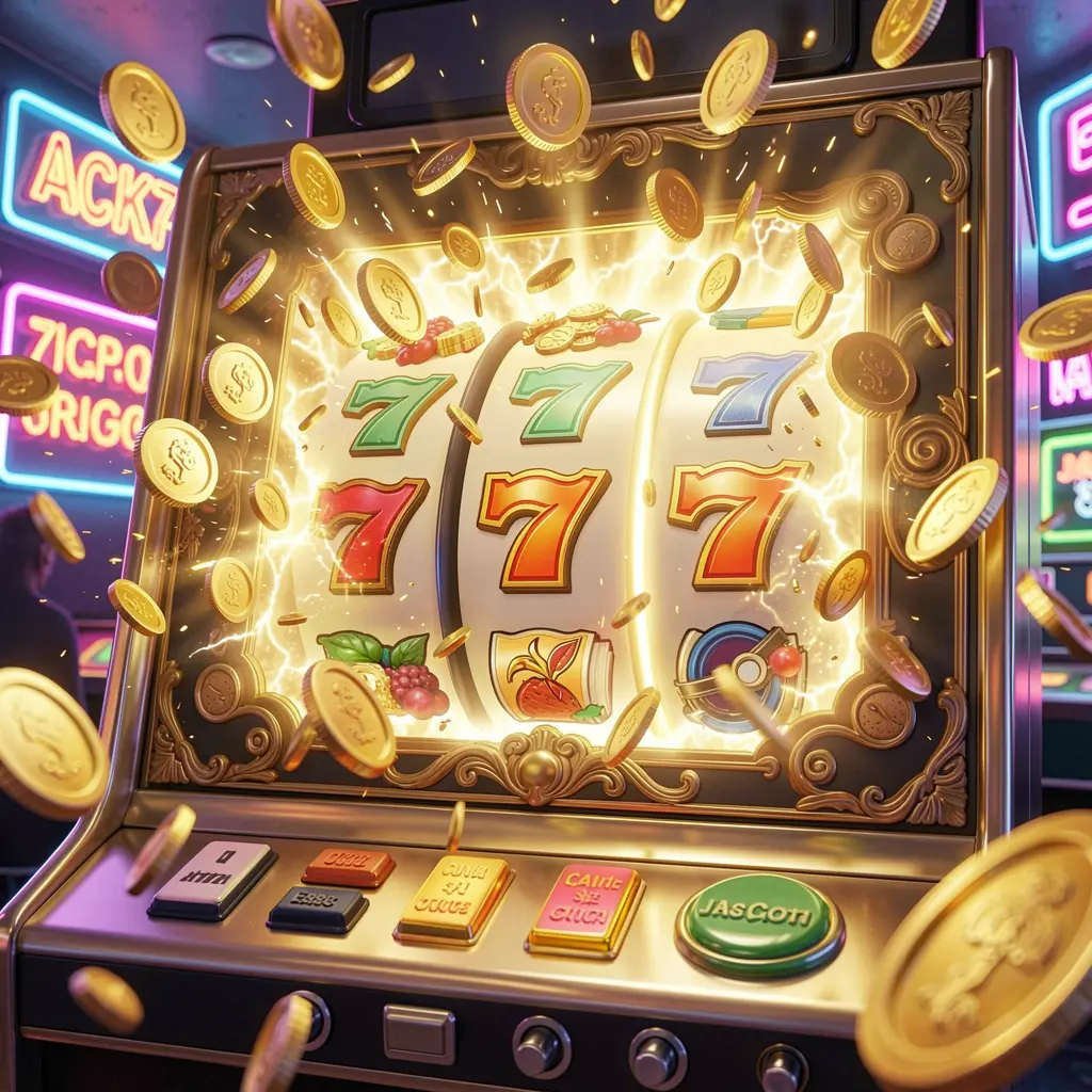 Close up view of a luxury slot machine displaying triple sevens with shimmering coins highlighting the high quality slot gaming experience at 0KGO for players in Bangladesh